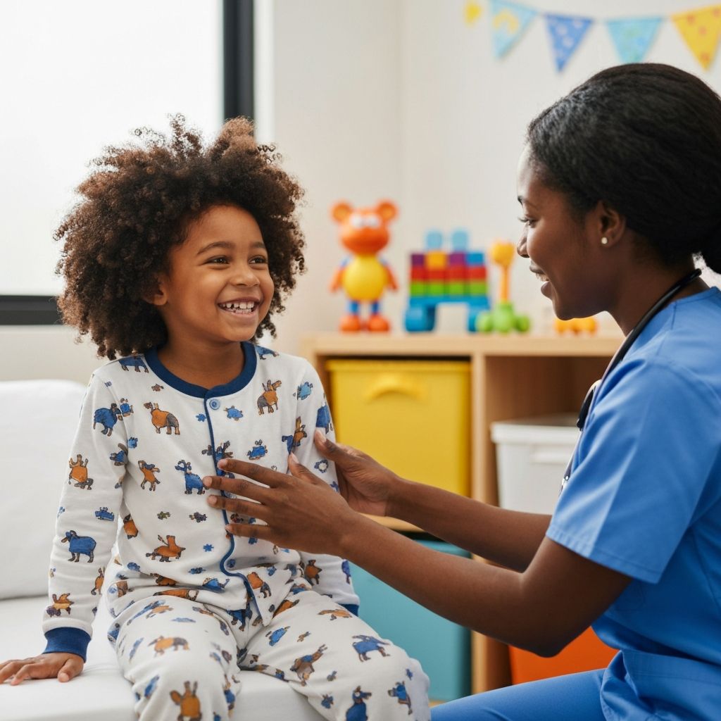 Criança feliz em ambiente médico acolhedor